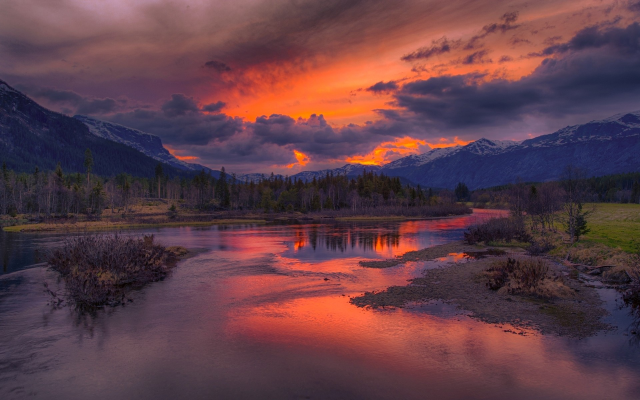 1920x1200 pix. Wallpaper sunrise, rivers, mountains, clouds, snowy peaks, forests, nature, landscapes