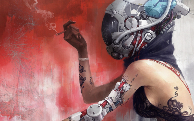 1920x1080 pix. Wallpaper women, digital art, robots, cyborgs, technology, helmets, cigarettes, bare shoulders, pipes, cables,