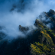 mountains, clouds, fog, stone town, scenery, nature wallpaper