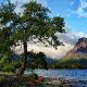nature, landscape, mountain, water, lake, trees, Montana, USA, Glacier National Park, bench, clouds wallpaper