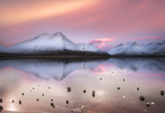 nature, landscapes, calm, lakes, mountains, clouds, snowy peaks, pink, white, cold, water, winter wallpaper
