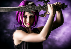 warrior, sword, fantasy, cosplay, purple hairs wallpaper