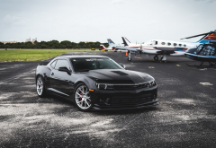 chevrolet camaro, chevrolet, airplane, helicopter, cars, aircraft, black cars, vossen wheels wallpaper