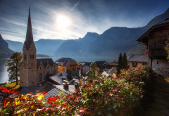hallstatt, mountains, austria, nature, landscape, autumn, lake, city, tower, city wallpaper