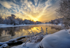 river, trees, snow, frost, sky, reflection, nature wallpaper