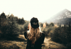 girl, cap, nature, women, long hair, forest wallpaper