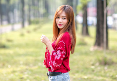 asian, long hair, redhead, jeans, women wallpaper