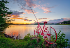 norway, nature, lake, sunset, bicycle, fishing rod wallpaper