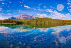 sky, mountains, lake, forest, reflection, nature, canada wallpaper