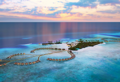 ocean, evening, sunset, maldives, tropical island, luxury hotel, bungalow, sea, nature wallpaper