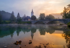 nature, landscape, river, bridge, fog, church, sunset wallpaper